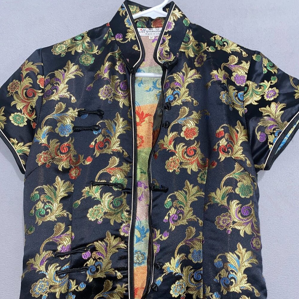 Brocade Cheongsam Qipao Dress Black Gold Floral Mandarin Collar M - Picture 2 of 9
